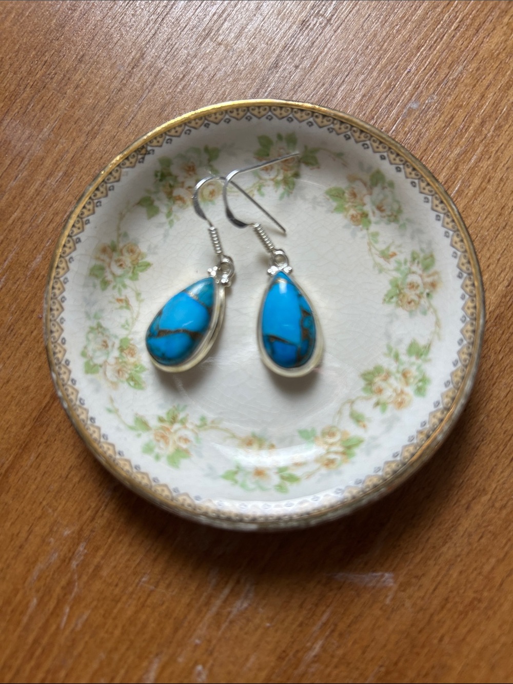 Artisan Dangle Silver Earrings from India Feature Turquoise With Copper Veins